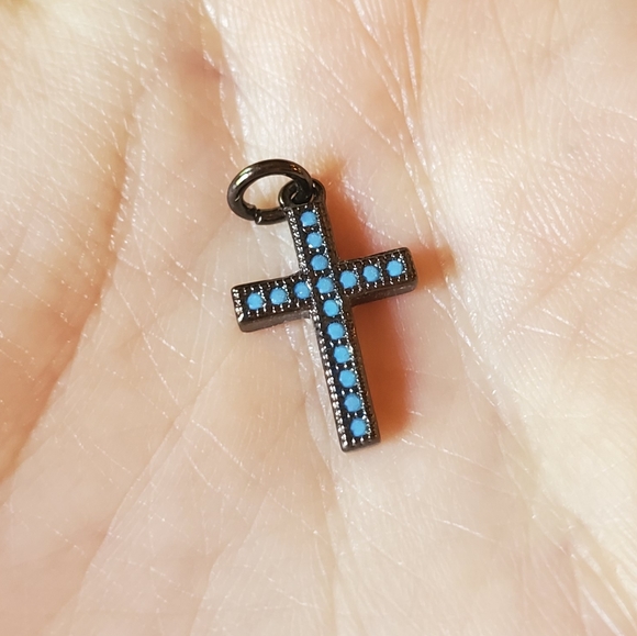 NWOT Tiny Gunmetal & Turquoise Cross Charm - Picture 3 of 5